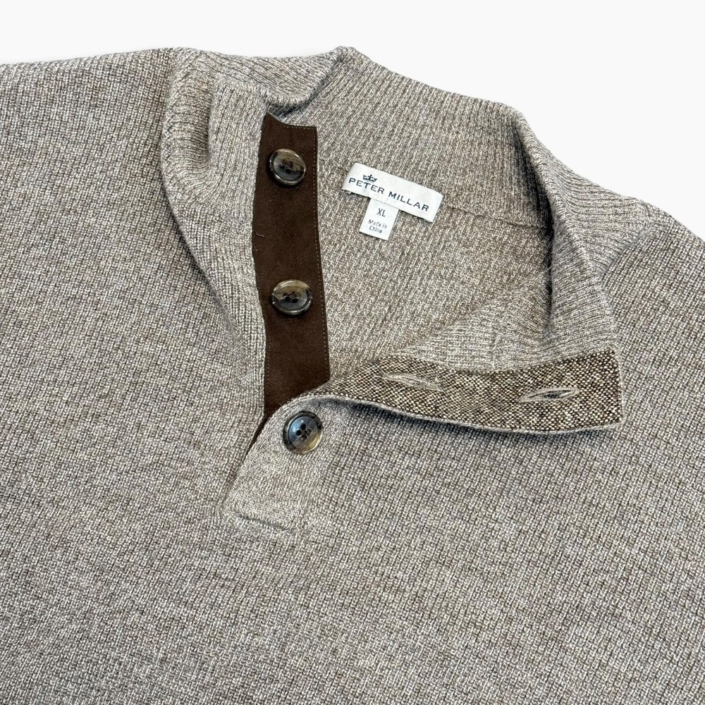 Peter Millar Mens XL 100% Wool Brown Quarter Button Mock Neck Sweater Pullover